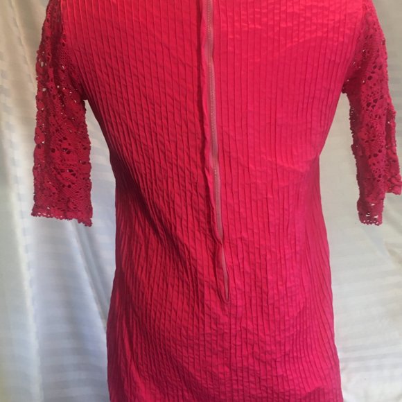 Pink Raspberry Boho Mexican Mod Pintuck Cotton Dress Crocheted Sz S/M Vintage - Picture 10 of 16
